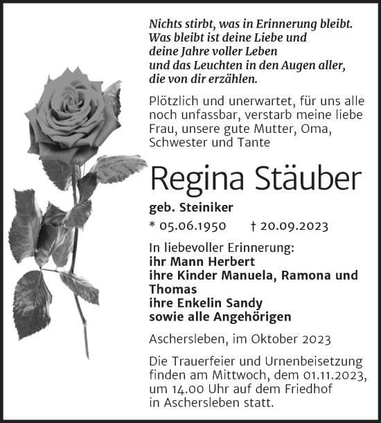Traueranzeige von Regina Stäuber von Trauerkombi Aschersleben