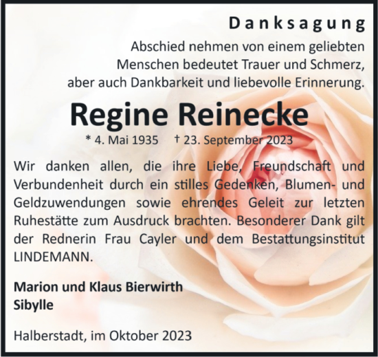 Traueranzeige von Regine Reinecke von Volksstimme Halberstadt