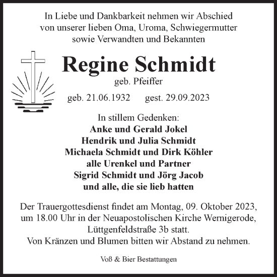 Traueranzeige von Regine Schmidt von Volksstimme Wernigerode