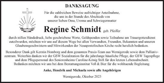Traueranzeige von Regine Schmidt von Volksstimme Wernigerode