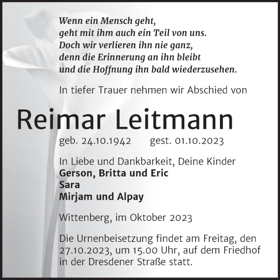 Traueranzeige von Reimar Leitmann von Trauerkombi Wittenberg
