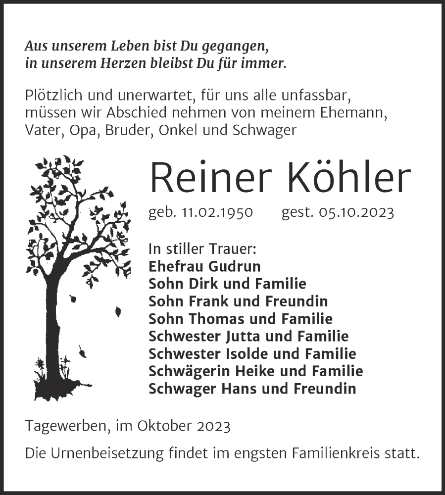  Traueranzeige für Reiner Köhler vom 21.10.2023 aus Trauerkombi Weißenfels