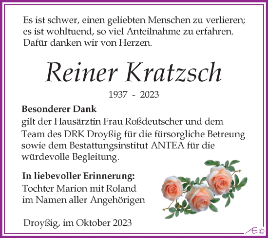 Traueranzeige von Reiner Kratzsch von Trauerkombi Zeitz