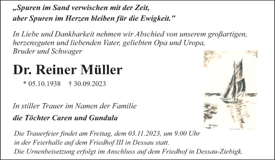 Traueranzeige von Reiner Müller von Trauerkombi Dessau