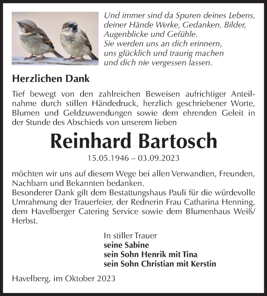 Traueranzeige von Reinhard Bartosch von Volksstimme Altmark Ost