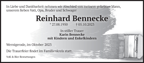 Traueranzeige von Reinhard Bennecke von Volksstimme Wernigerode