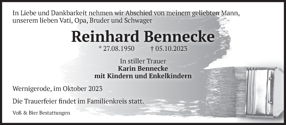  Traueranzeige für Reinhard Bennecke vom 07.10.2023 aus Volksstimme Wernigerode