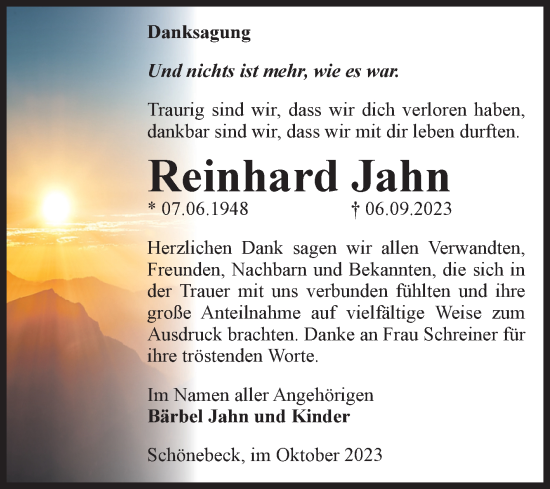 Traueranzeige von Reinhard Jahn von Volksstimme Schönebeck