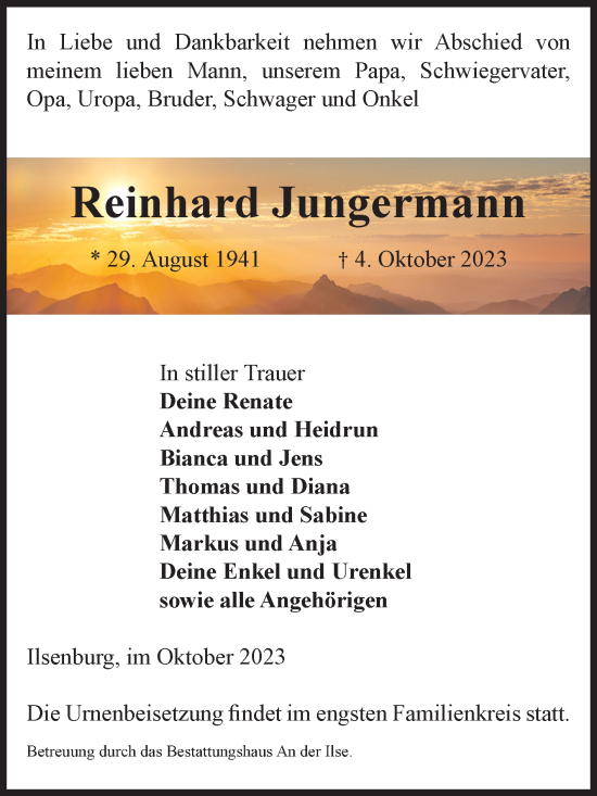 Traueranzeige von Reinhard Jungermann von Volksstimme Wernigerode
