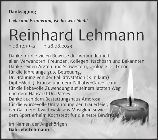 Traueranzeige von Reinhard Lehmann von Trauerkombi Dessau
