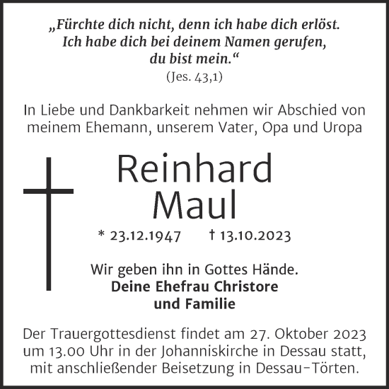 Traueranzeige von Reinhard Maul von Trauerkombi Dessau