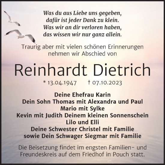 Traueranzeige von Reinhardt Dietrich von Trauerkombi Bitterfeld