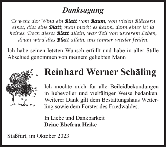 Traueranzeige von Reinhard Werner Schäling von Volksstimme Staßfurt