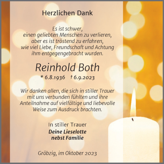 Traueranzeige von Reinhold Both von Trauerkombi Köthen