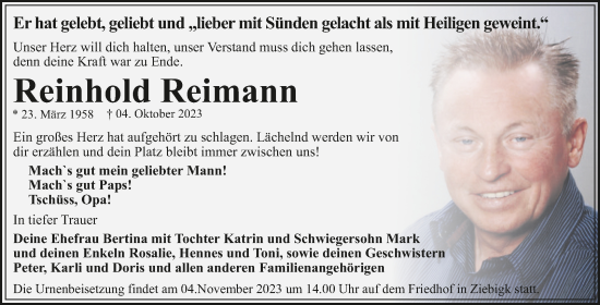 Traueranzeige von Reinhold Reimann von Trauerkombi Dessau