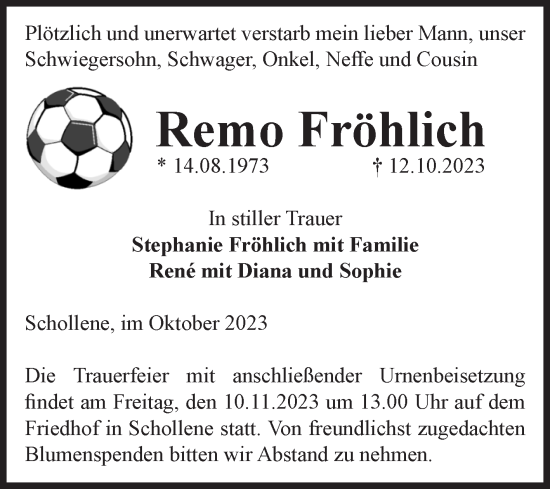 Traueranzeige von Remo Fröhlich von Volksstimme Altmark Ost