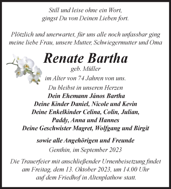 Traueranzeige von Renate Bartha von Volksstimme Burg/Genthin