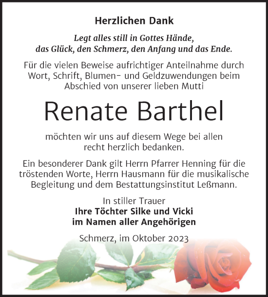 Traueranzeige von Renate Barthel von Trauerkombi Bitterfeld