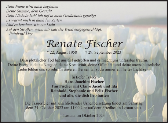 Traueranzeige von Renate Fischer von Volksstimme Burg/Genthin