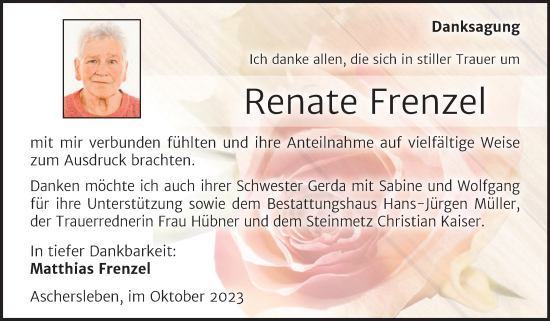 Traueranzeige von Renate Frenzel von Trauerkombi Aschersleben