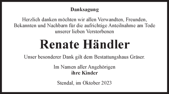 Traueranzeige von Renate Händler von Volksstimme Altmark Ost