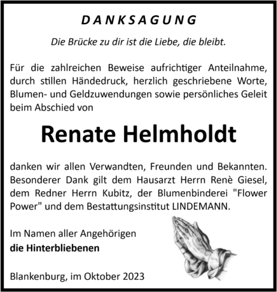 Traueranzeige von Renate Helmholdt von Volksstimme Wernigerode