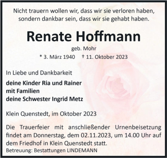 Traueranzeige von Renate Hoffmann von Volksstimme Halberstadt
