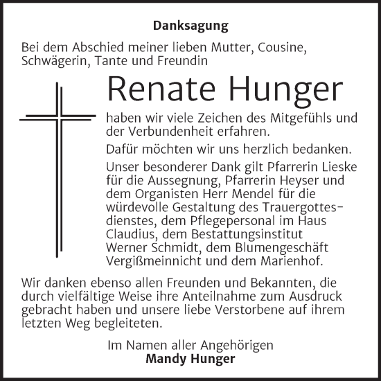 Traueranzeige von Renate Hunger von Trauerkombi Quedlinburg