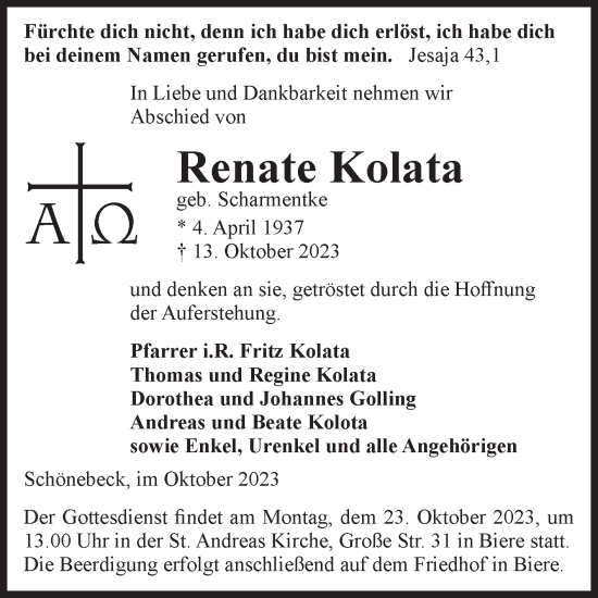 Traueranzeige von Renate Kolata von Volksstimme Schönebeck
