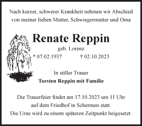 Traueranzeige von Renate Reppin von Volksstimme Burg/Genthin