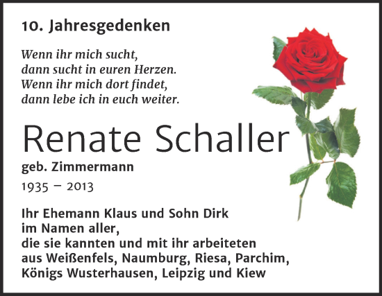 Traueranzeige von Renate Schaller von Trauerkombi Weißenfels