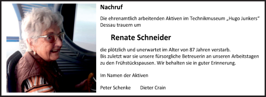 Traueranzeige von Renate Schneider von Mitteldeutsche Zeitung Dessau-Roßlau