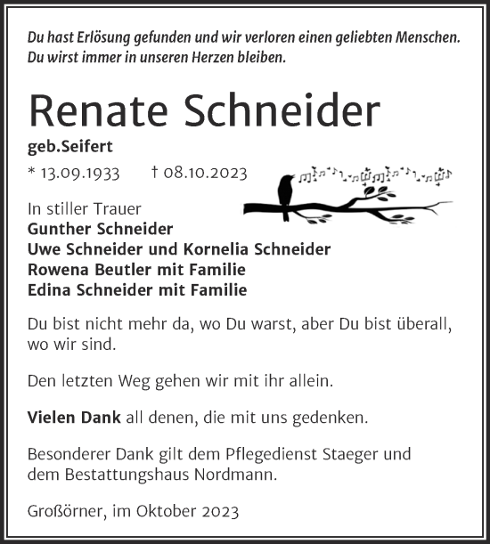 Traueranzeige von Renate Schneider von Trauerkombi Mansfelder Land