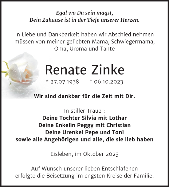 Traueranzeige von Renate Zinke von Trauerkombi Mansfelder Land