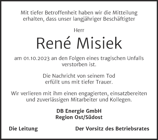 Traueranzeige von Rene Misiek von Mitteldeutsche Zeitung Merseburg/Querfurt
