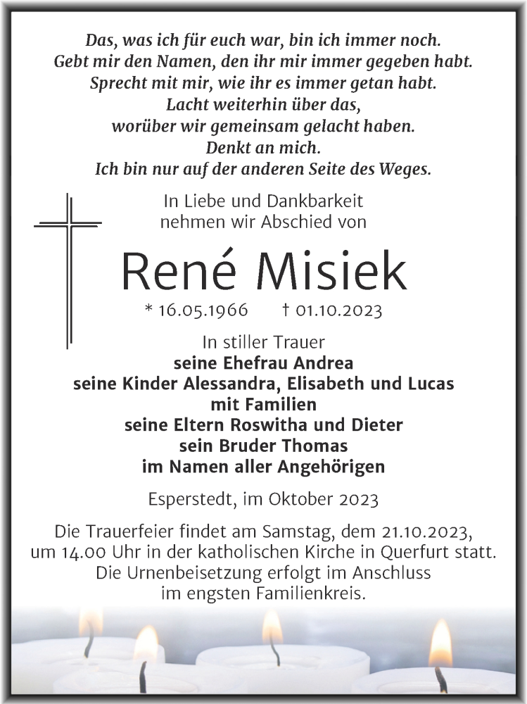  Traueranzeige für Rene Misiek vom 07.10.2023 aus Trauerkombi Merseburg