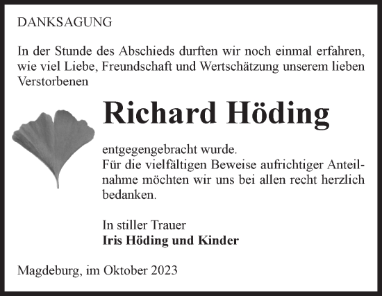 Traueranzeige von Richard Höding von Volksstimme Magdeburg