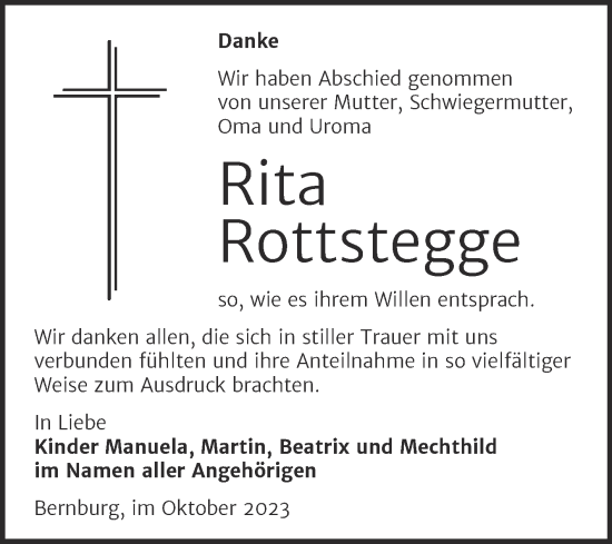 Traueranzeige von Rita Rottstegge von Trauerkombi Bernburg