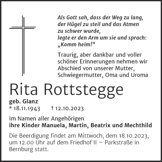 Traueranzeige von Rita Rottstegge von Mitteldeutsche Zeitung Bernburg