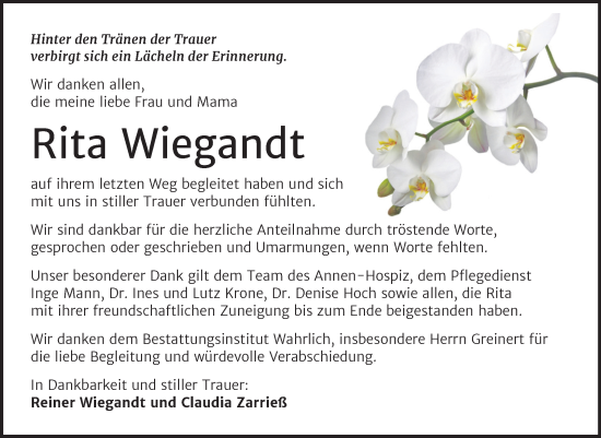 Traueranzeige von Rita Wiegandt von Trauerkombi Mansfelder Land