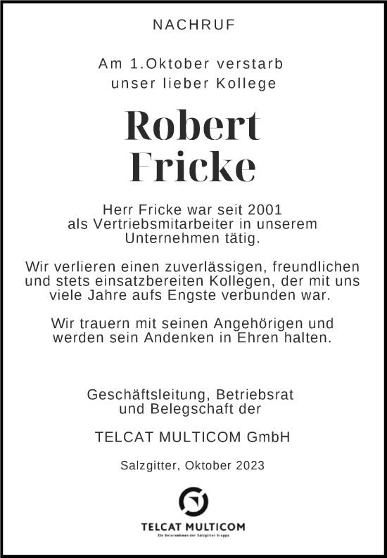 Traueranzeige von Robert Fricke von Volksstimme Oschersleben/Wanzleben