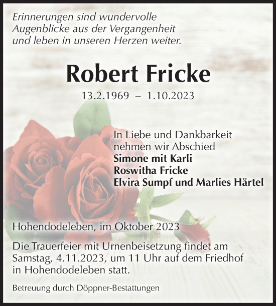 Traueranzeige von Robert Fricke von Volksstimme Oschersleben/Wanzleben