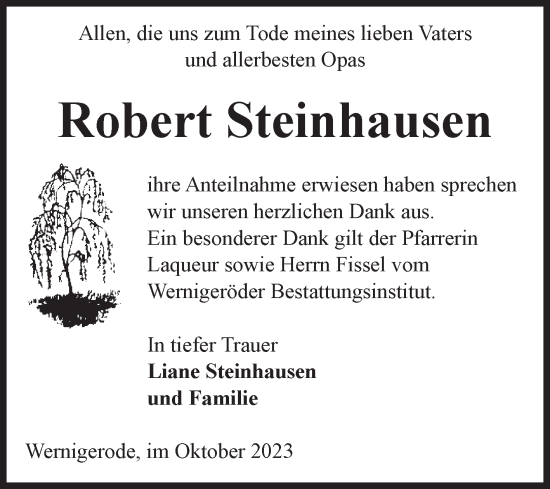 Traueranzeige von Robert Steinhausen von Volksstimme Wernigerode