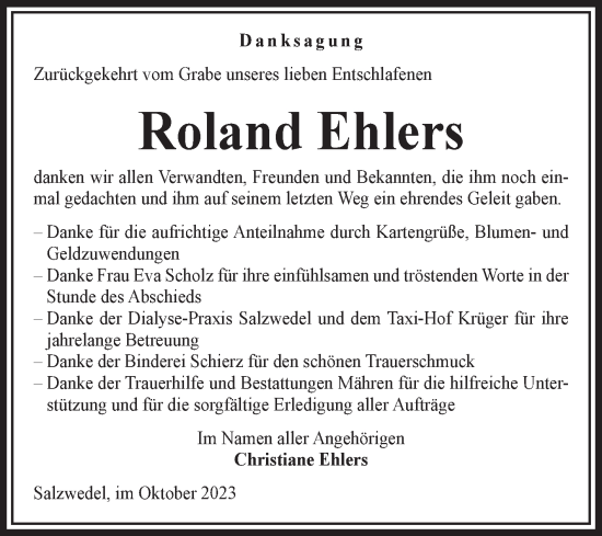Traueranzeige von Roland Ehlers von Volksstimme Altmark West