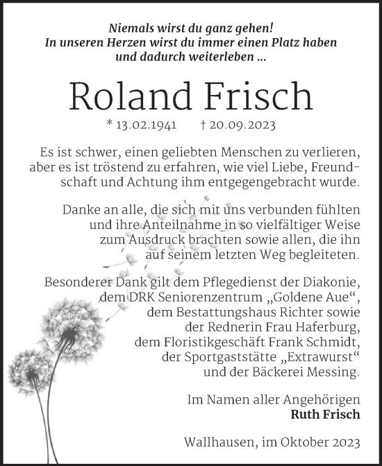Traueranzeige von Roland Frisch von Trauerkombi Sangerhausen