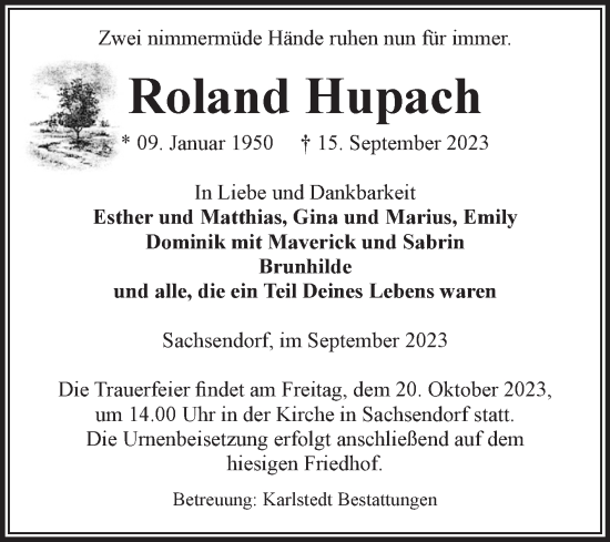Traueranzeige von Roland Hupach von Volksstimme Schönebeck
