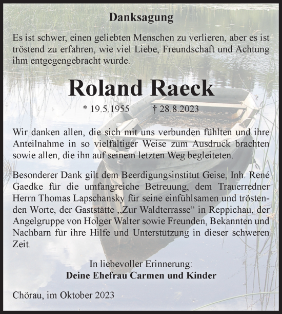 Traueranzeige von Roland Raeck von Trauerkombi Köthen