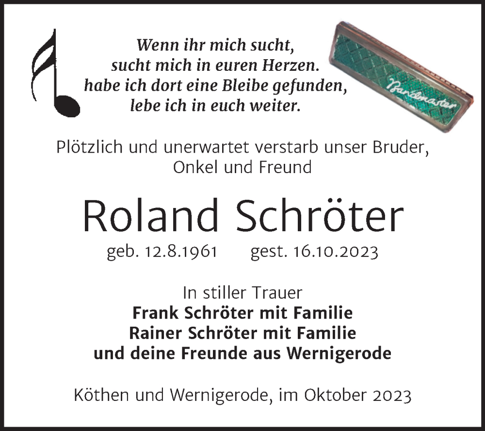 Traueranzeige für Roland Schröter vom 28.10.2023 aus Trauerkombi Köthen