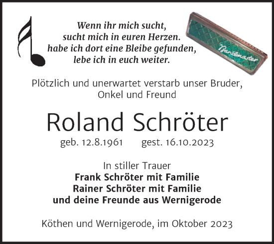 Traueranzeige von Roland Schröter von Trauerkombi Köthen