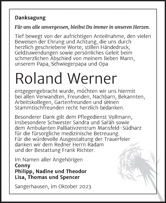 Traueranzeige von Roland Werner von Trauerkombi Sangerhausen